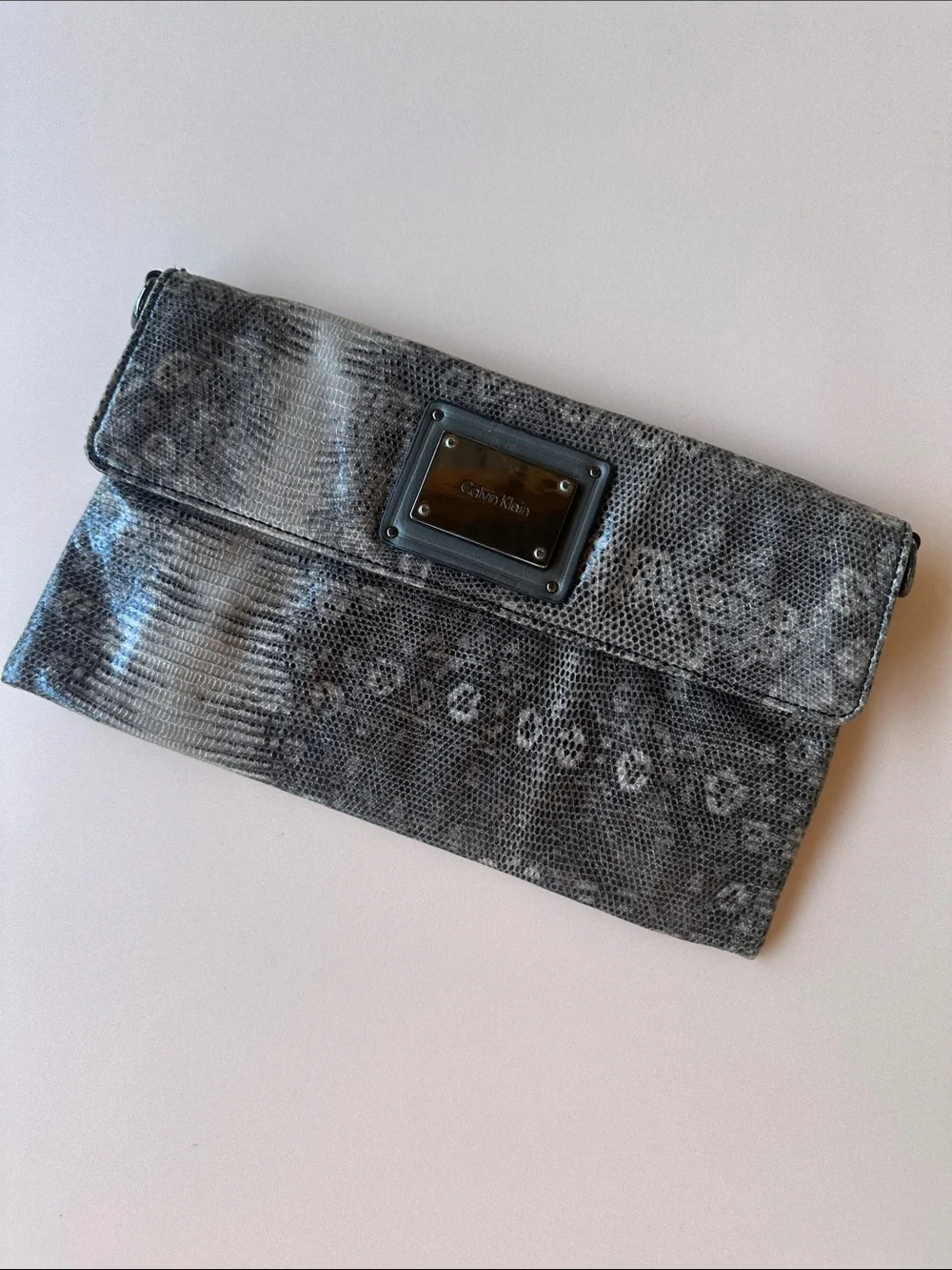 Calvin Klein Gray Snakeskin-Effect Foldover Wallet Clutch